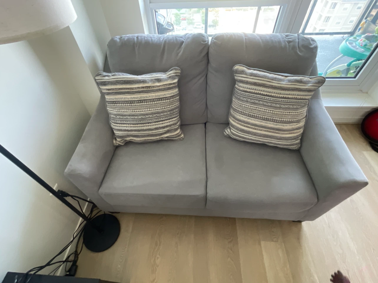 Grey Loveseat Sofa with Decorative Pillows