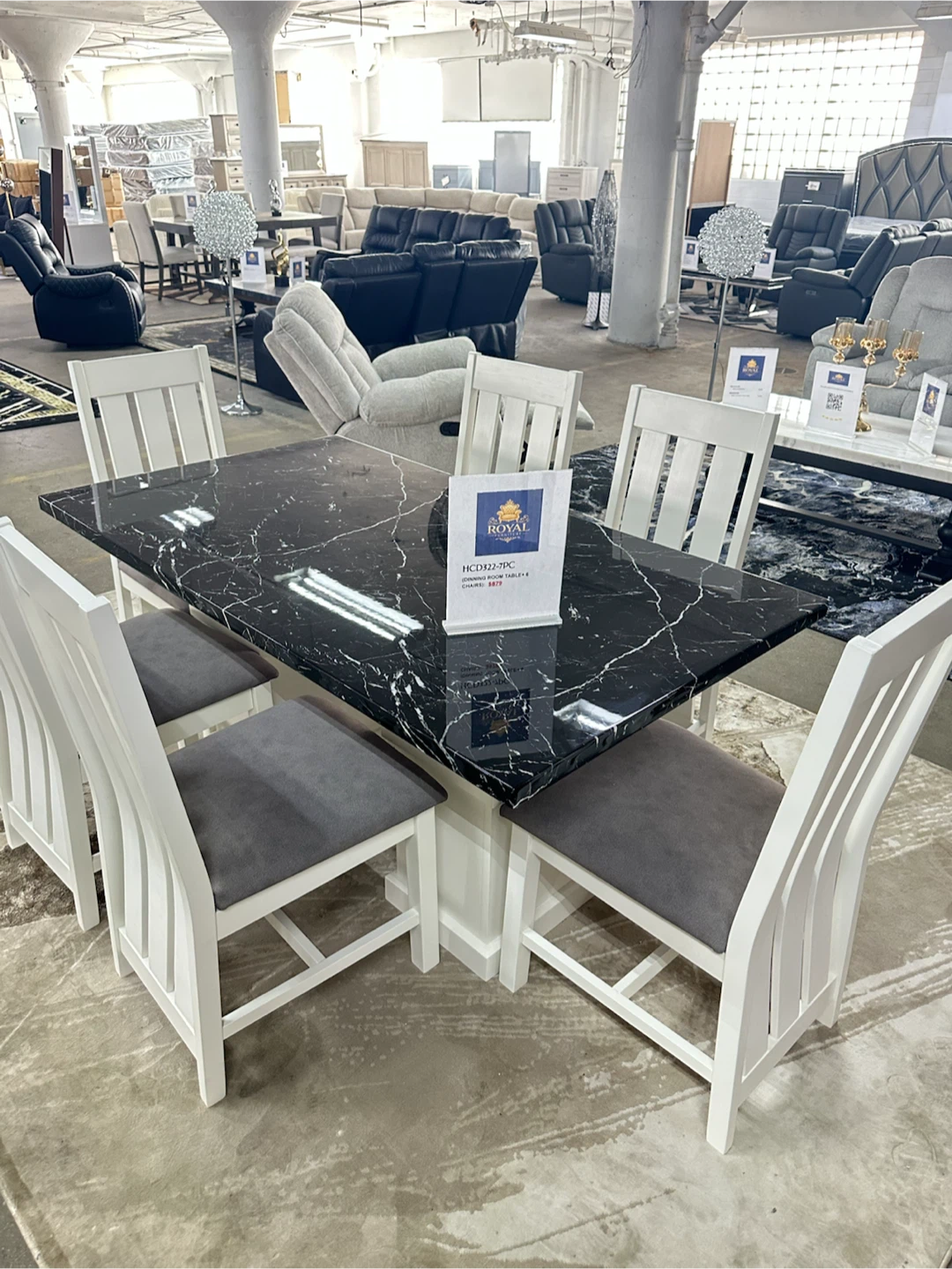 White Wood Dining Table Set with Black Marble Top