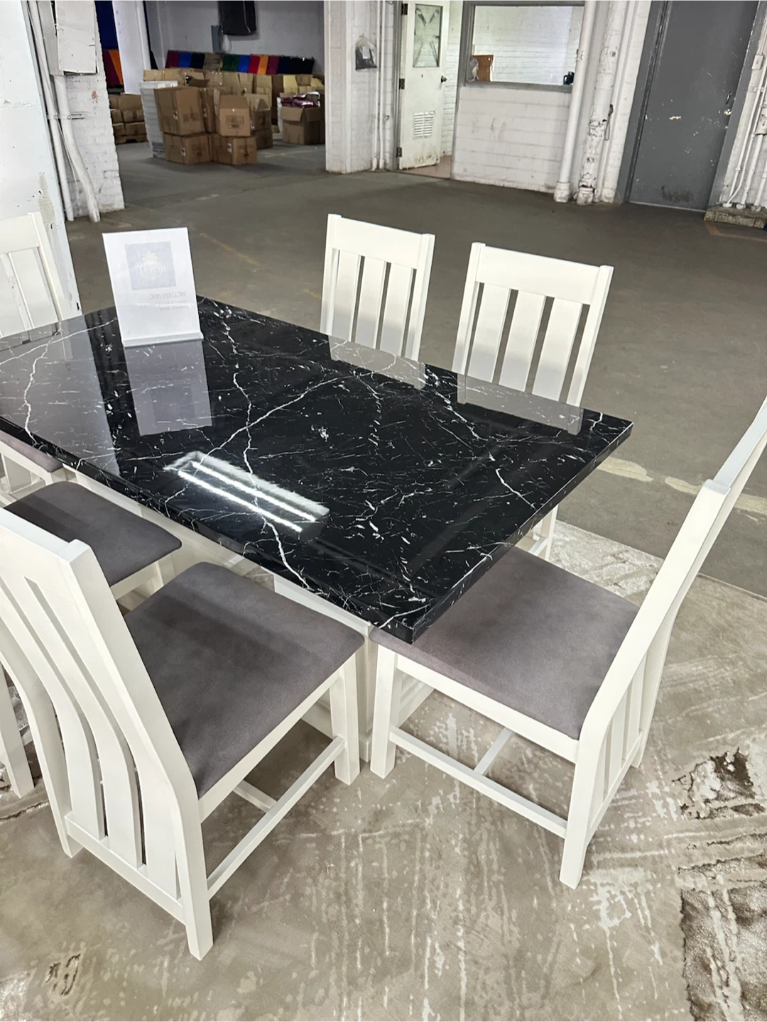 White Wood Dining Table Set with Black Marble Top - photo 3