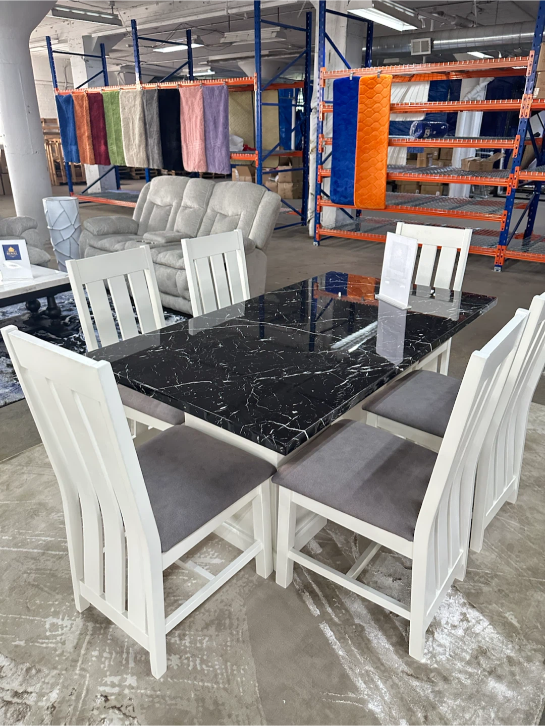 White Wood Dining Table Set with Black Marble Top - photo 4