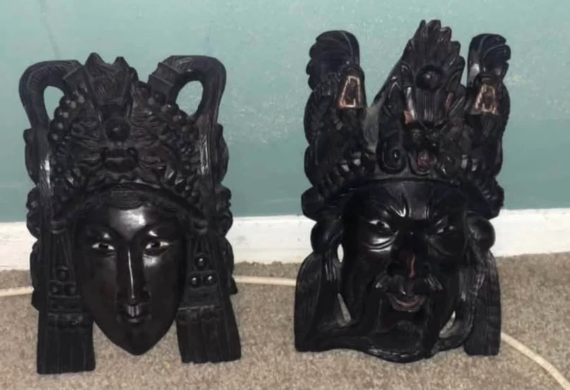 Vintage Hand-Carved Wooden Asian Masks - Set of 2