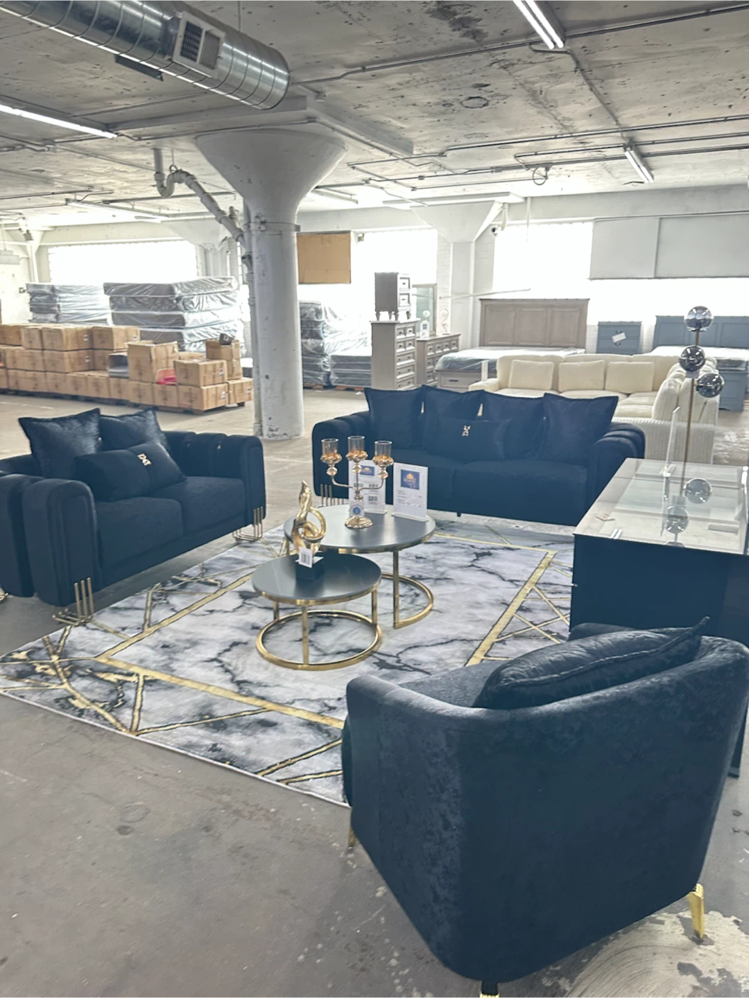 Black Velvet Sofa, loveseat, and recliner with Gold Accents