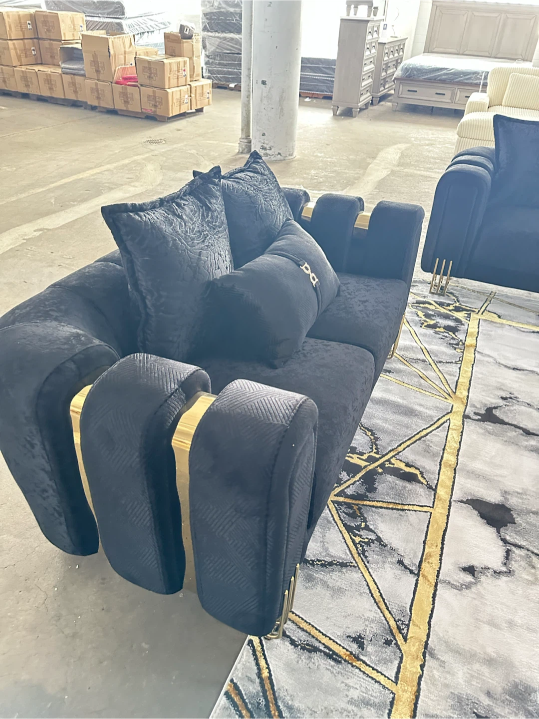 Black Velvet Sofa, loveseat, and recliner with Gold Accents - photo 2