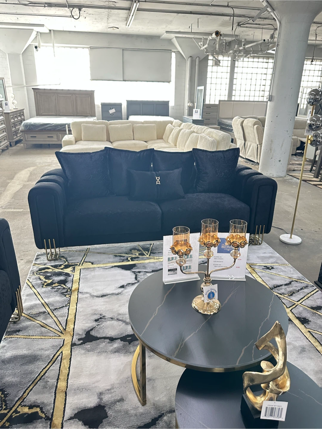 Black Velvet Sofa, loveseat, and recliner with Gold Accents - photo 5