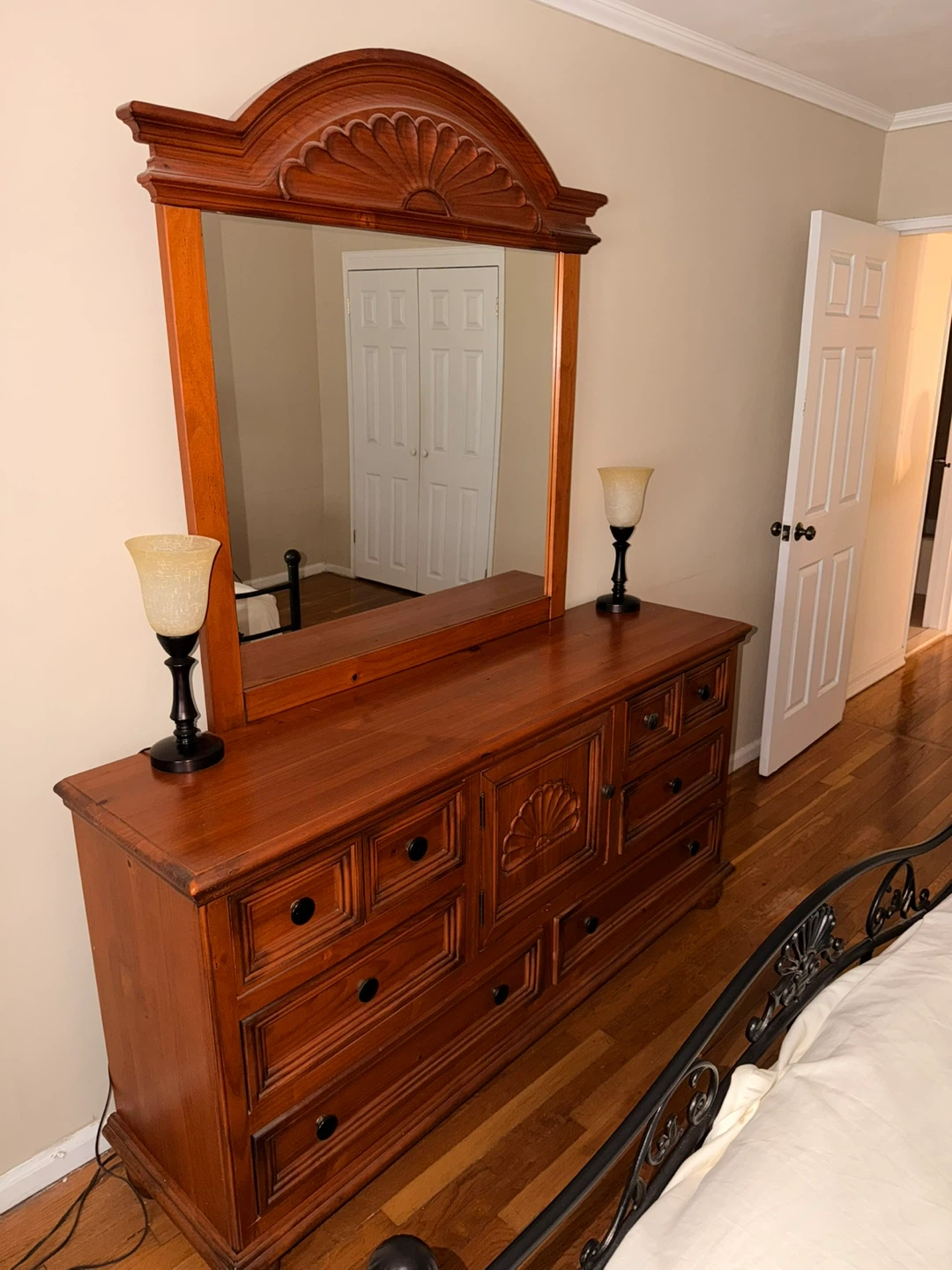 Wooden Armoire, Dresser, and bedside table with drawers
