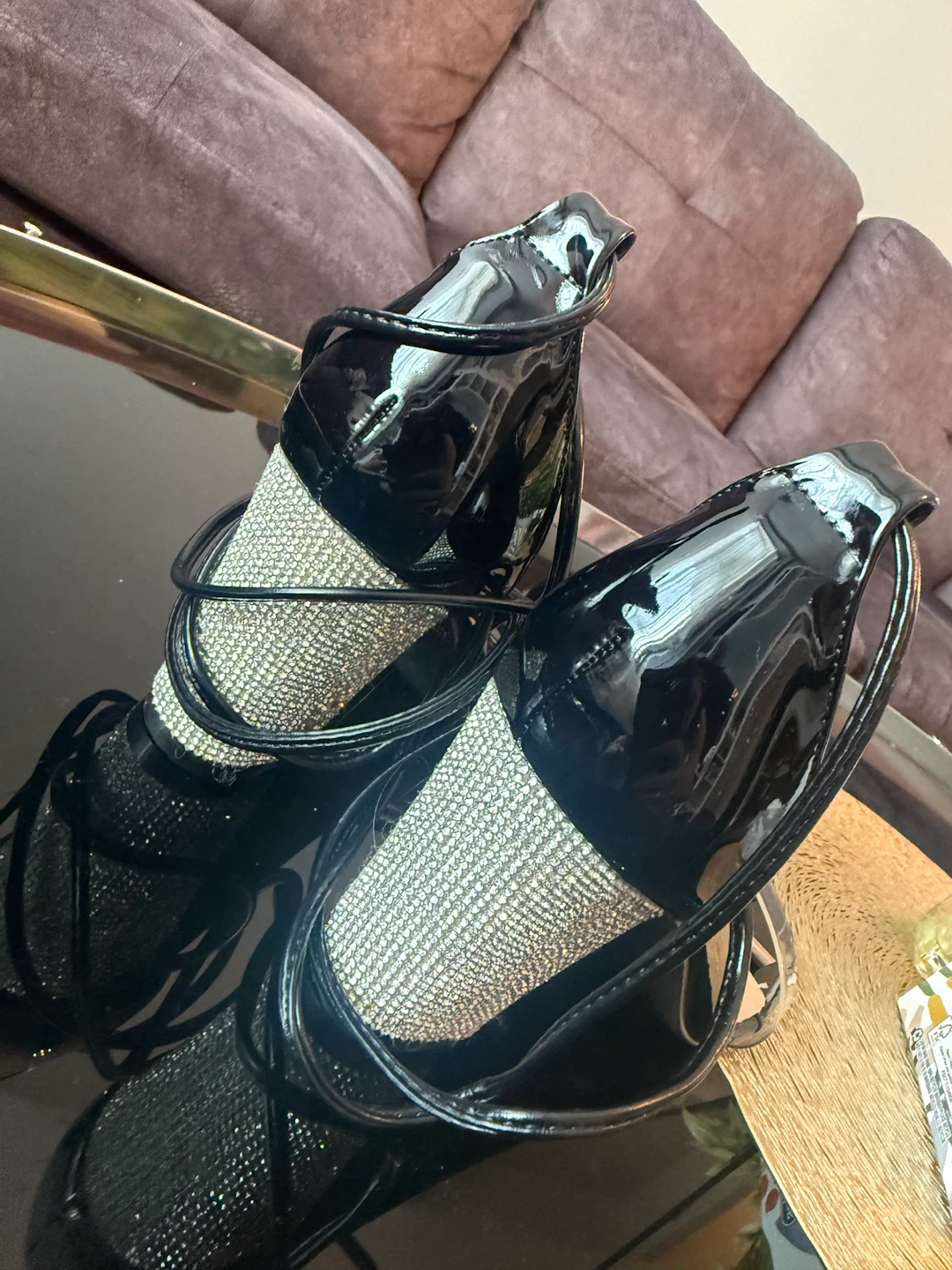 LALA IKAI Black Strappy Heels with Rhinestones