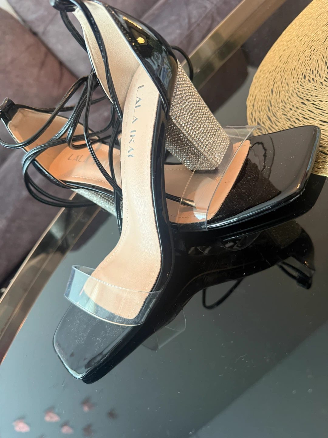 LALA IKAI Black Strappy Heels with Rhinestones - photo 2