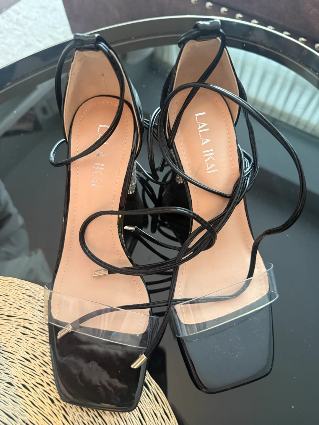 LALA IKAI Black Strappy Heels with Rhinestones - photo 3