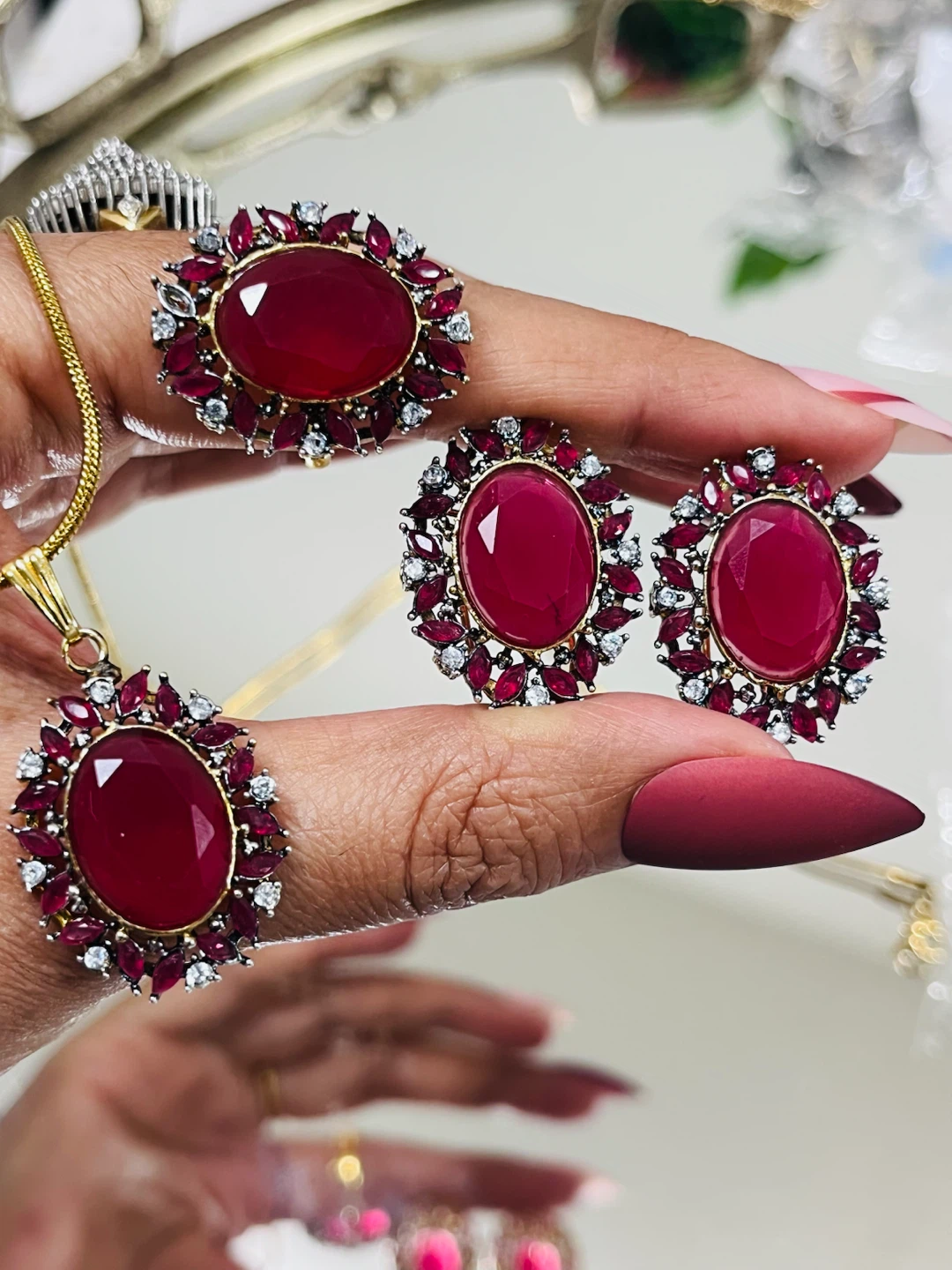 Jewelry Set - Oval Gemstones with Crystal Accents