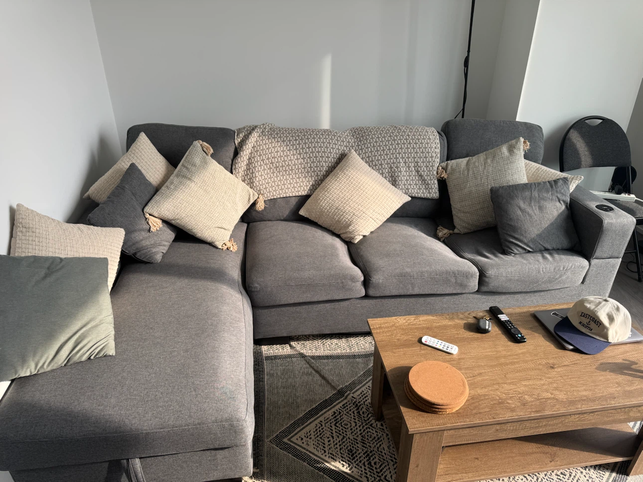 Grey Sectional Couch with 2 Pillows & Built-In Storage