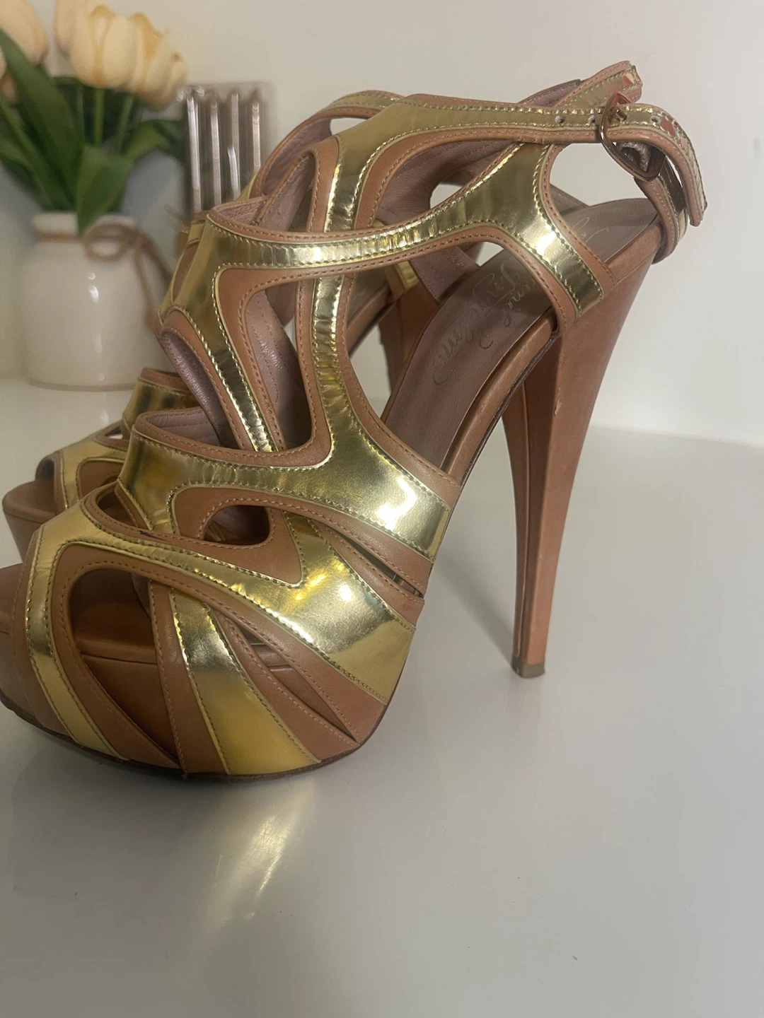 Gold and Tan Strappy High Heel Platform Sandals