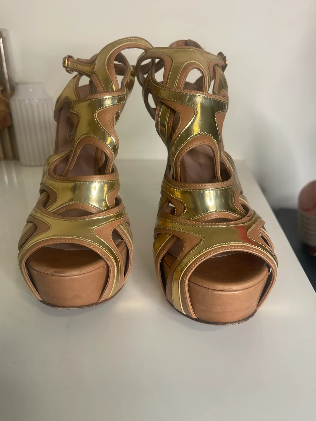 Gold and Tan Strappy High Heel Platform Sandals - photo 2