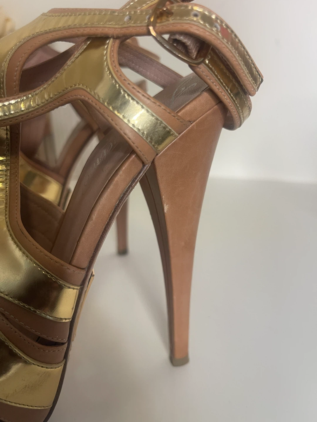 Gold and Tan Strappy High Heel Platform Sandals - photo 3