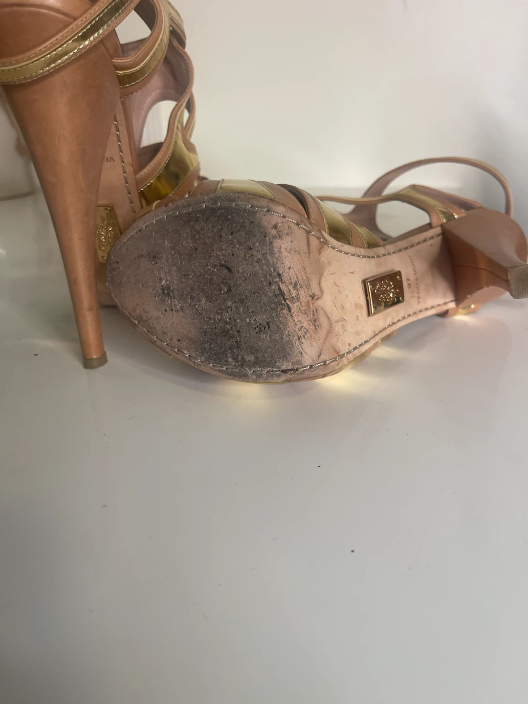 Gold and Tan Strappy High Heel Platform Sandals - photo 4
