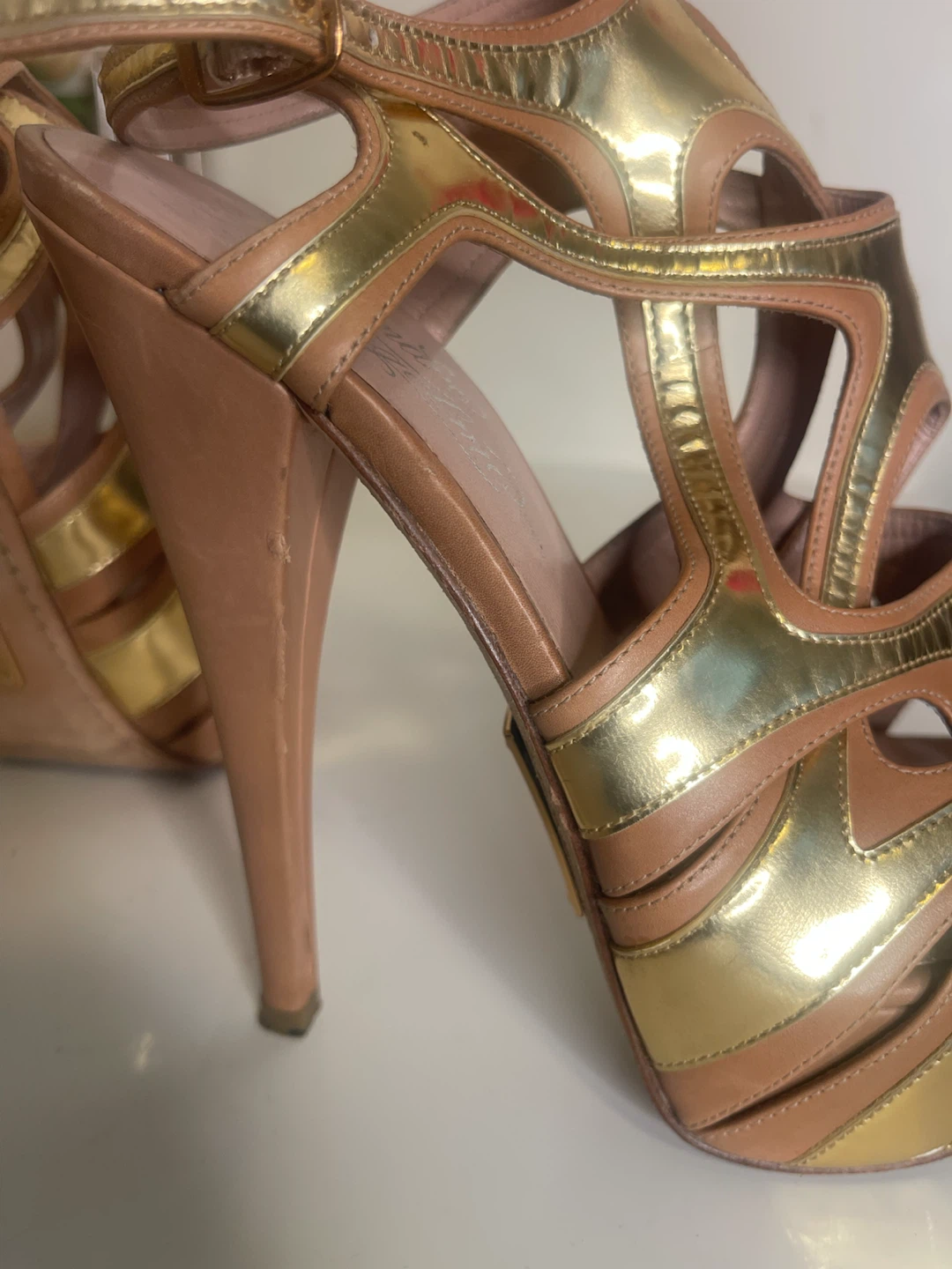 Gold and Tan Strappy High Heel Platform Sandals - photo 5