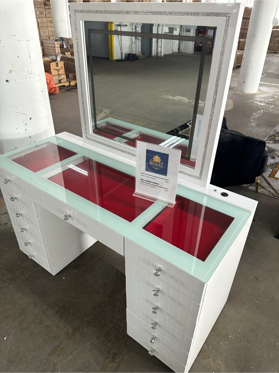 White Vanity Desk with Mirror and Red Lined Drawers