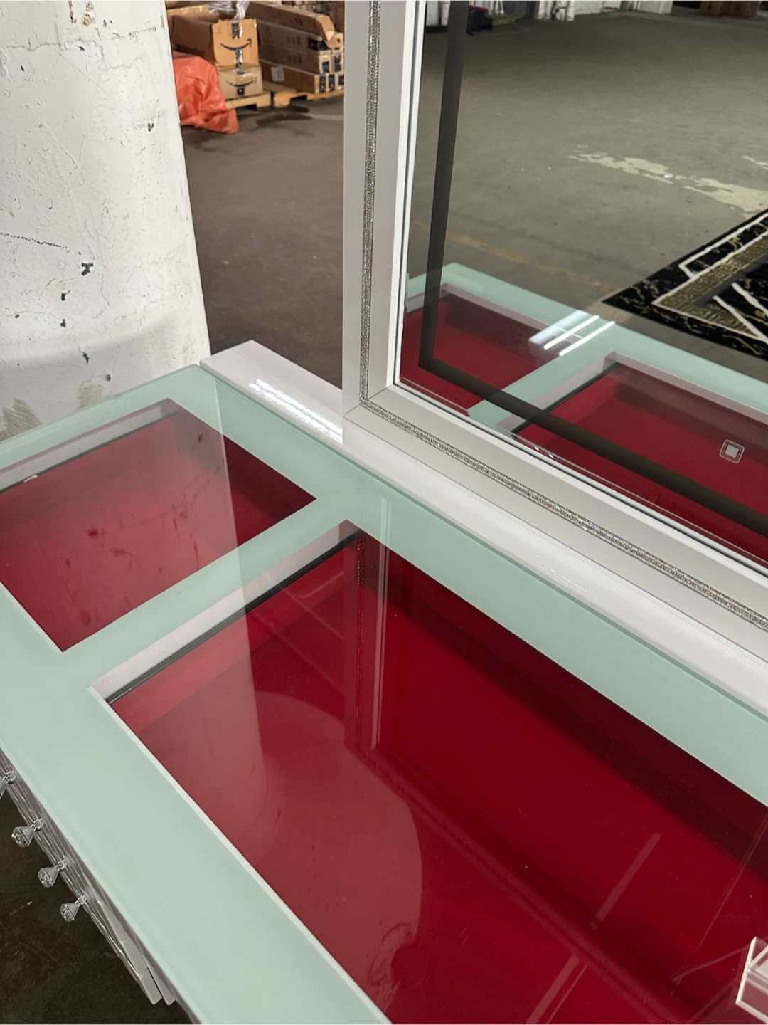 White Vanity Desk with Mirror and Red Lined Drawers - photo 2