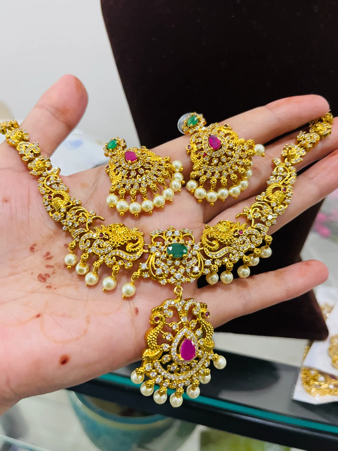 Gold Tone Necklace and Earring Set with Colorful Stones