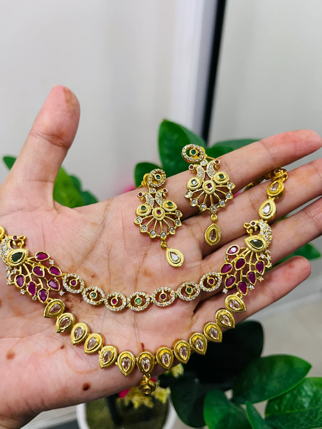 Gold Tone Necklace and Earring Set with Colorful Stones - photo 2