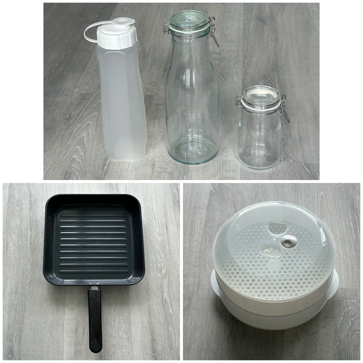 Grill Pan, Glass Bottles, and Steamer Basket