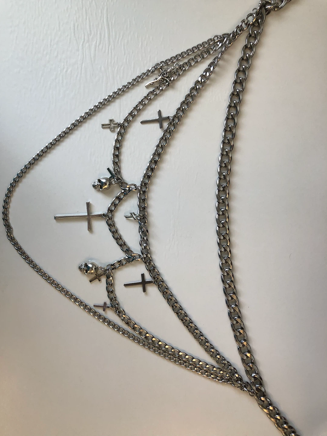 Multi-Layer Chain necklace with Skull, Cross, and Rose Charms