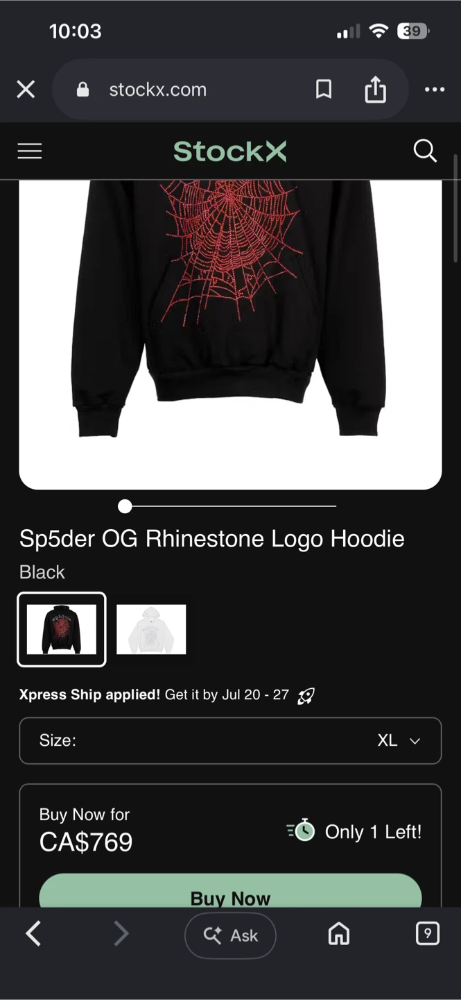 Sp5der OG Rhinestone Logo Hoodie - Black XL - photo 2