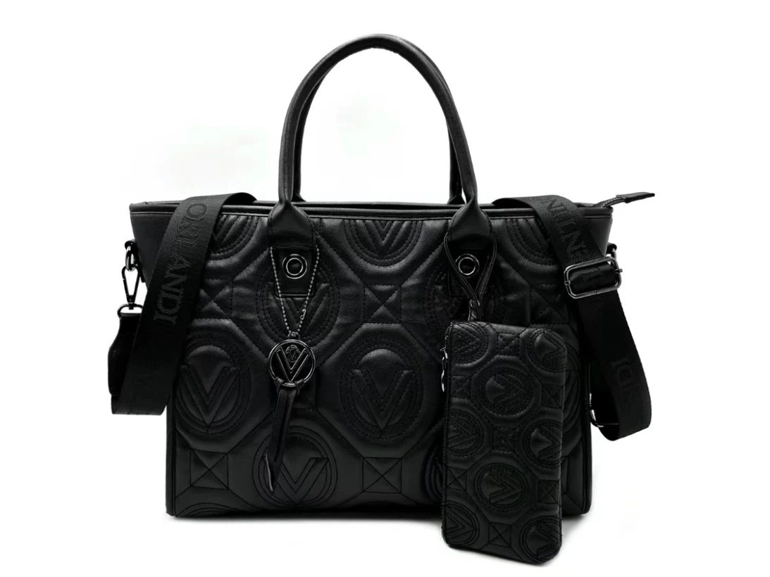 Black Quilted Tote Bag with Matching Pouch