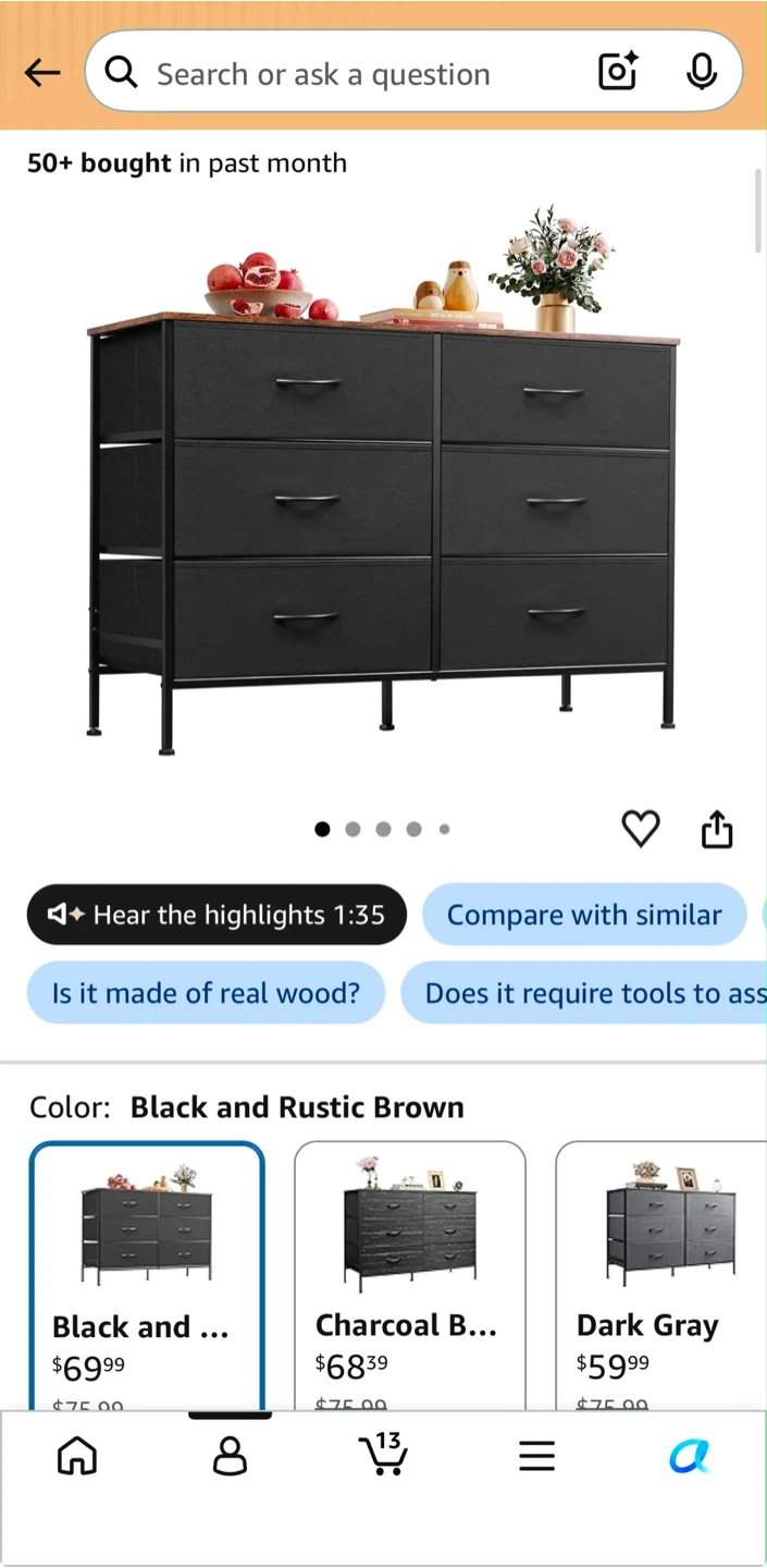 Black and Rustic Brown 6-Drawer Dresser