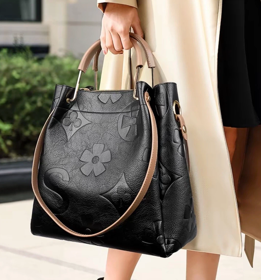 Black Embossed Floral Tote Handbag