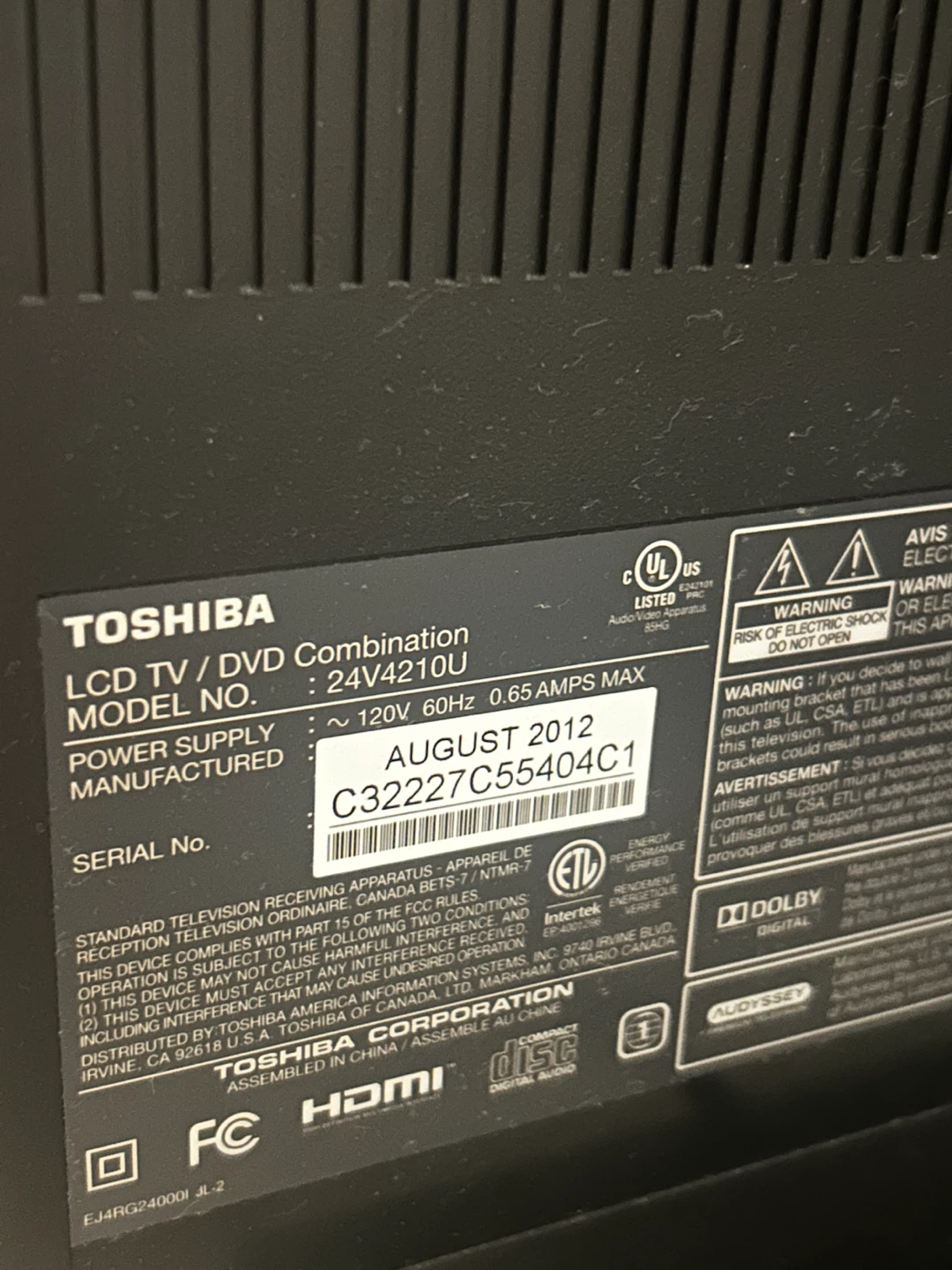 Toshiba LCD TV/DVD Combination 24" - Model 24V4210U - photo 2
