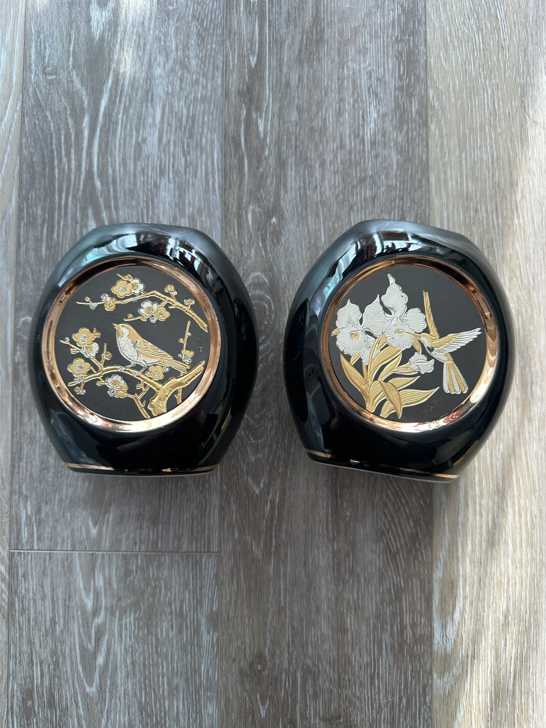 Set of 2 Chokin Art Vases with Gold Edging