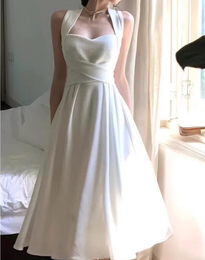 White Halter Neck Midi Dress