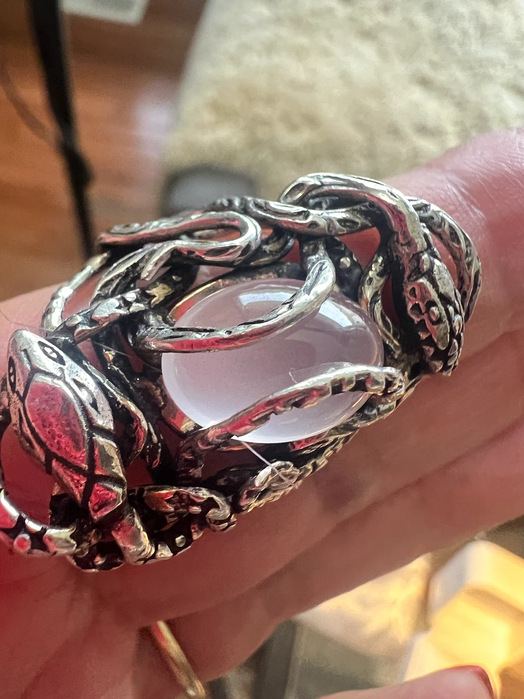925 silver Snake Ring with Pink quartz