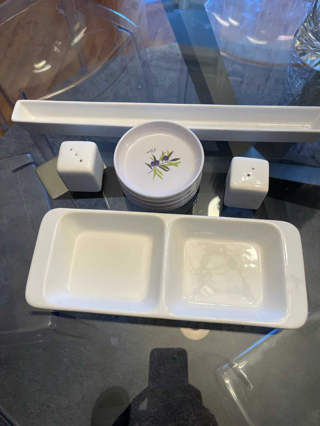 White Ceramic 7 piece Serving Platter Set with Salt Shakers