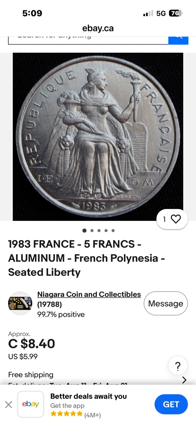 1999 French Polynesia 5 Franc Coin - photo 3