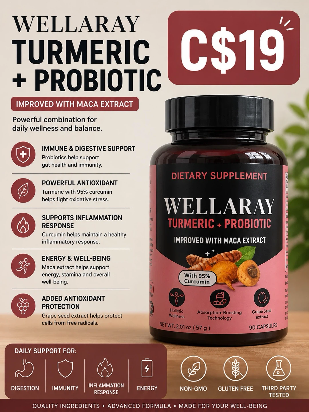 Wellaray Turmeric + Probiotic Supplement - 90 Capsules
