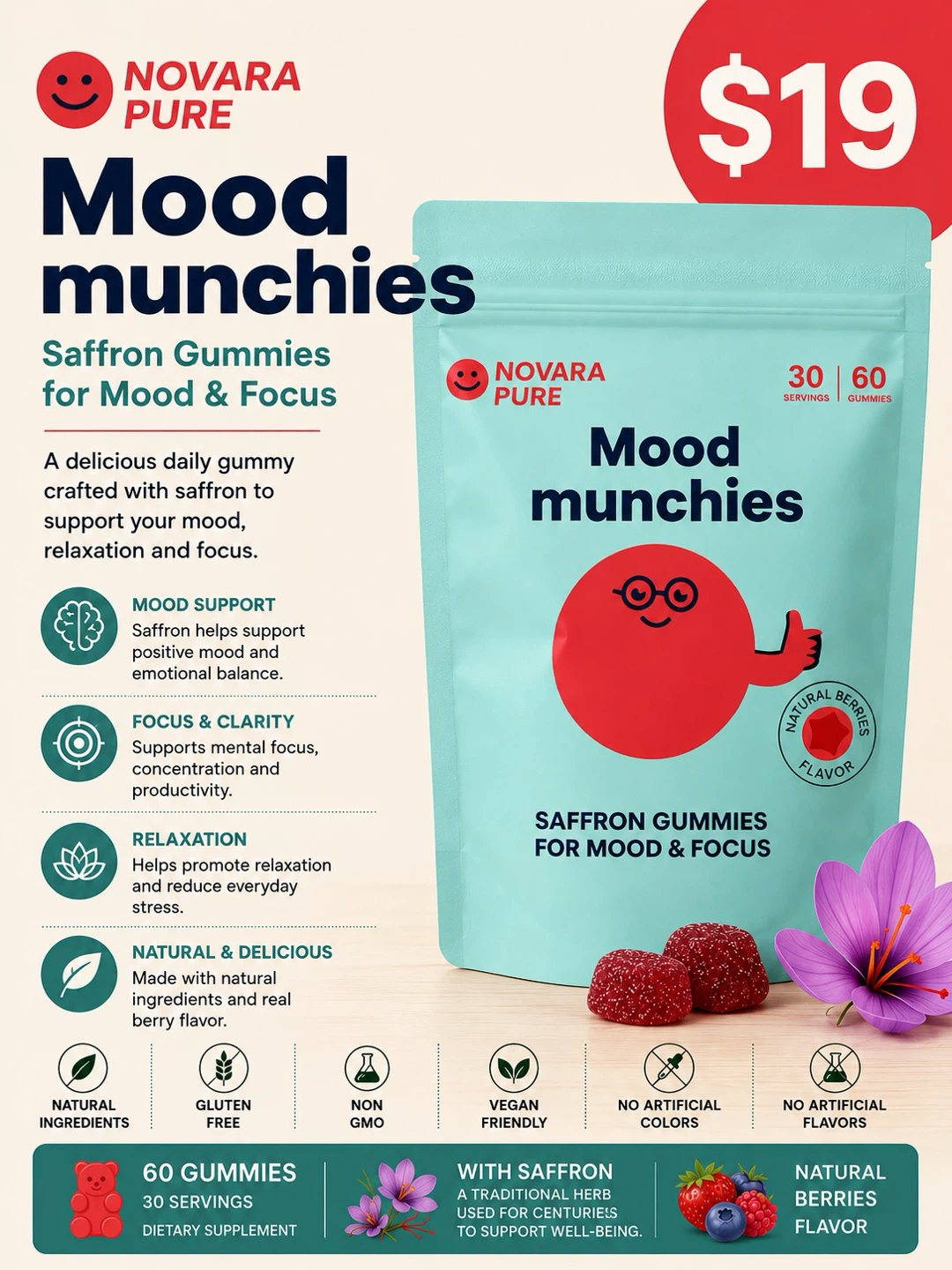 Novara Pure Mood Munchies Saffron Gummies - Natural Berries