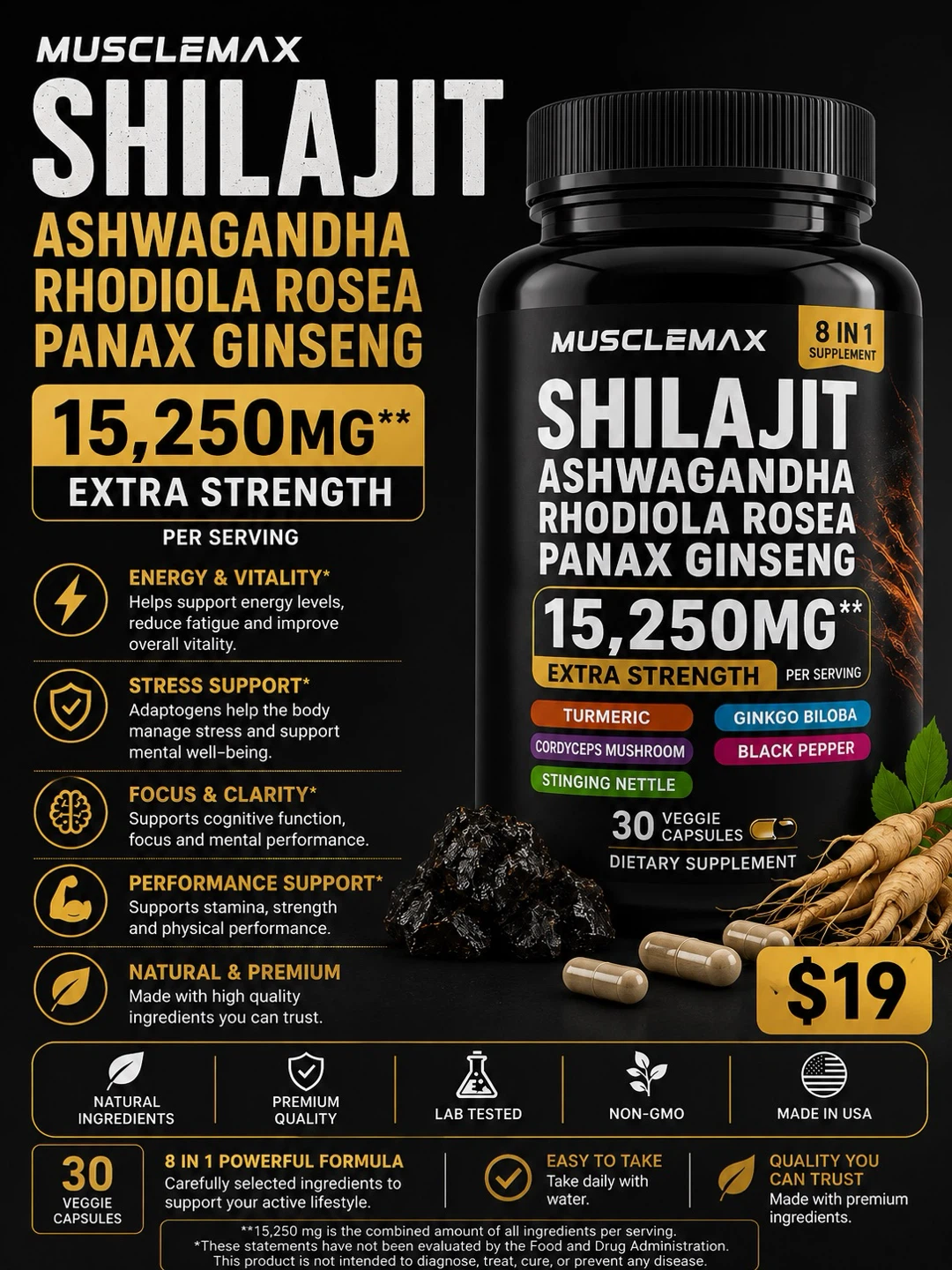 MuscleMax Shilajit Ashwagandha 15,250mg 30 Veggie Capsules
