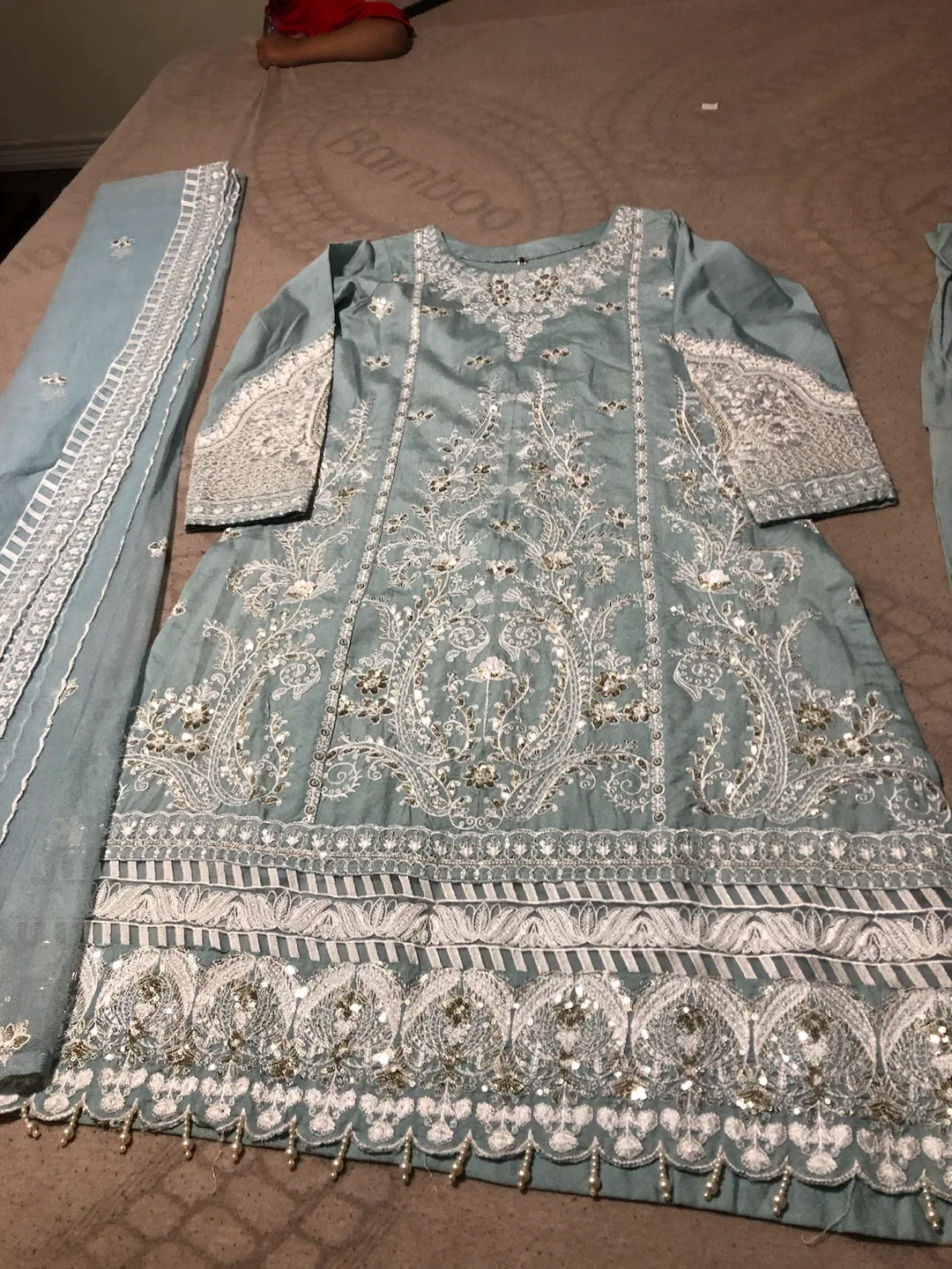 Women's Embroidered Kurti with Pants and Scarf