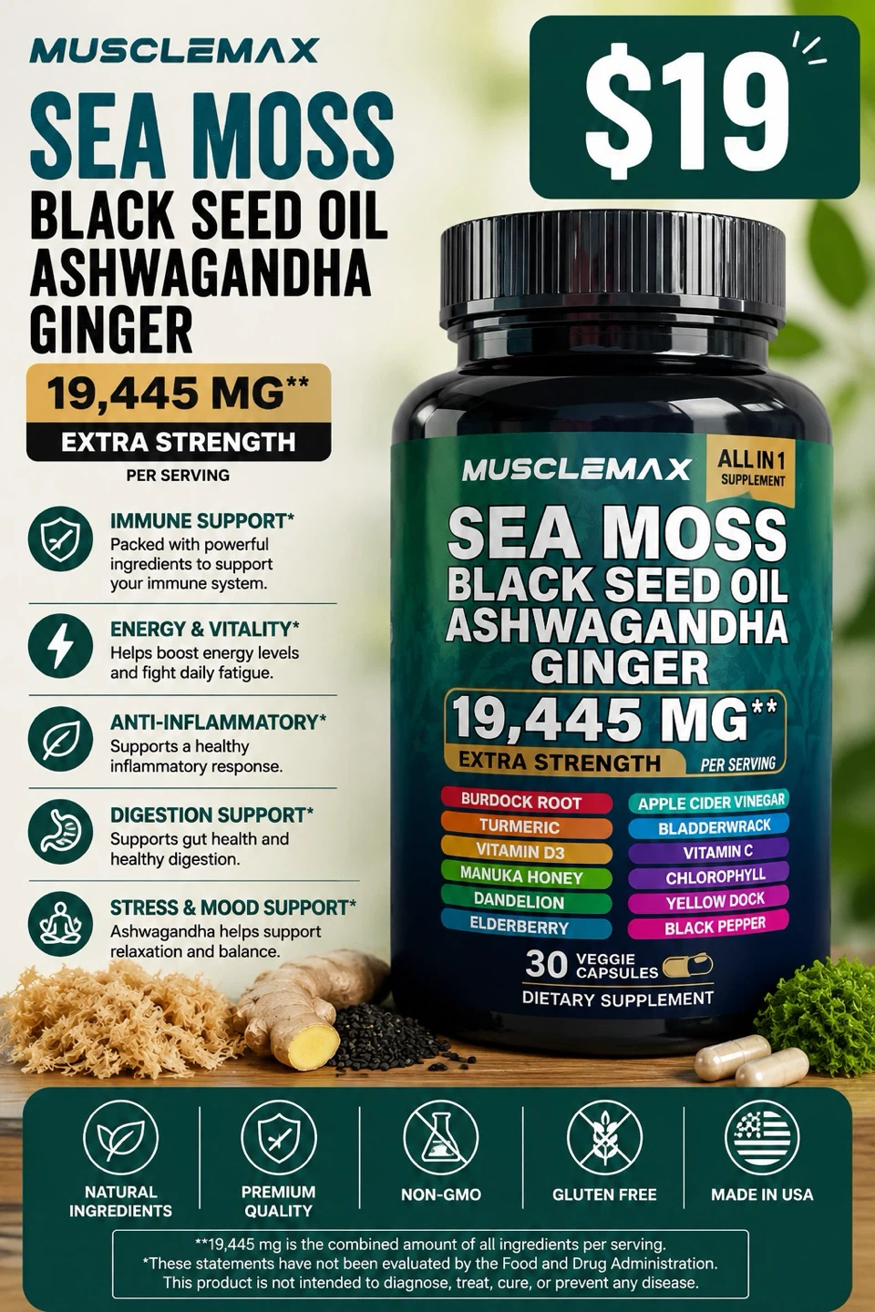 Musclemax Sea Moss Black Seed Oil Ashwagandha Ginger Supplement