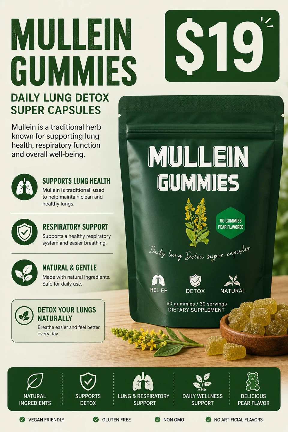 Mullein Gummies Daily Lung Detox Super Capsules - Pear Flavored