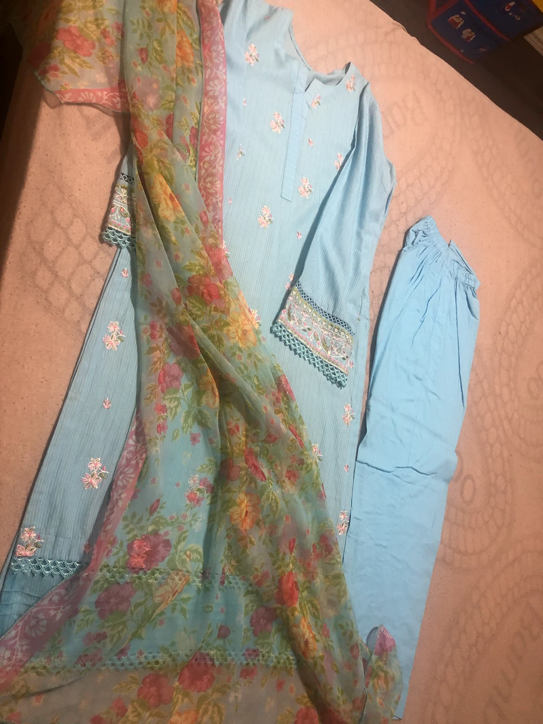 Blue Embroidered 3-Piece Suit with Floral Scarf