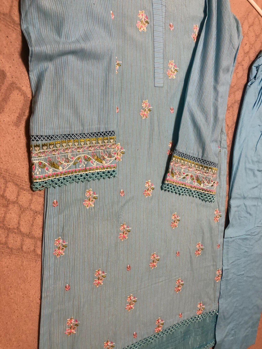 Blue Embroidered 3-Piece Suit with Floral Scarf - photo 2