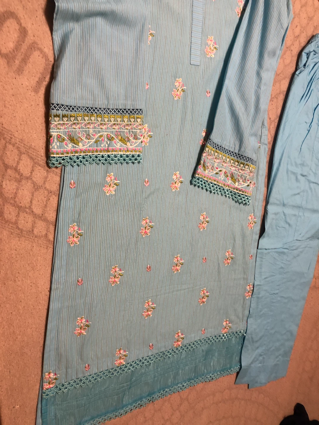 Blue Embroidered 3-Piece Suit with Floral Scarf - photo 3