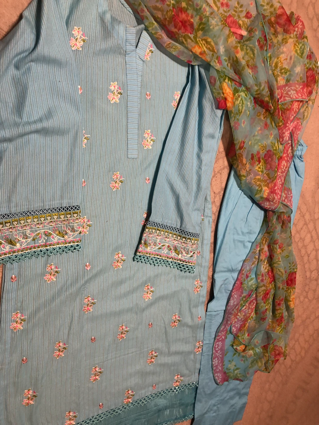 Blue Embroidered 3-Piece Suit with Floral Scarf - photo 4