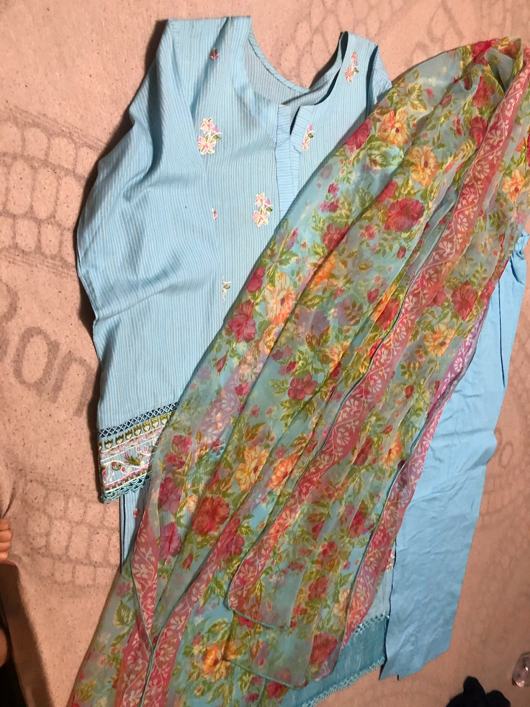 Blue Embroidered 3-Piece Suit with Floral Scarf - photo 5
