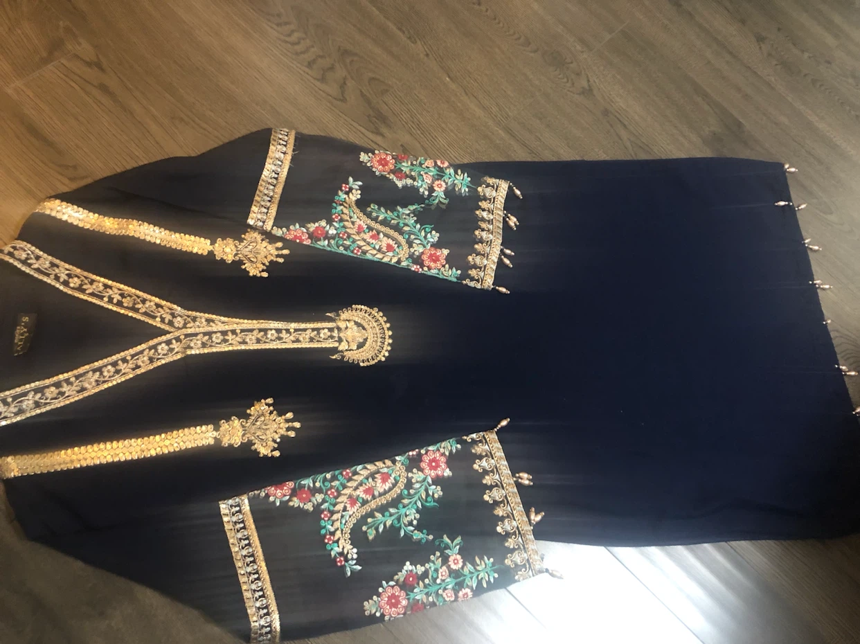 Navy Blue Embroidered 3-Piece Suit with Multicolour Dupatta