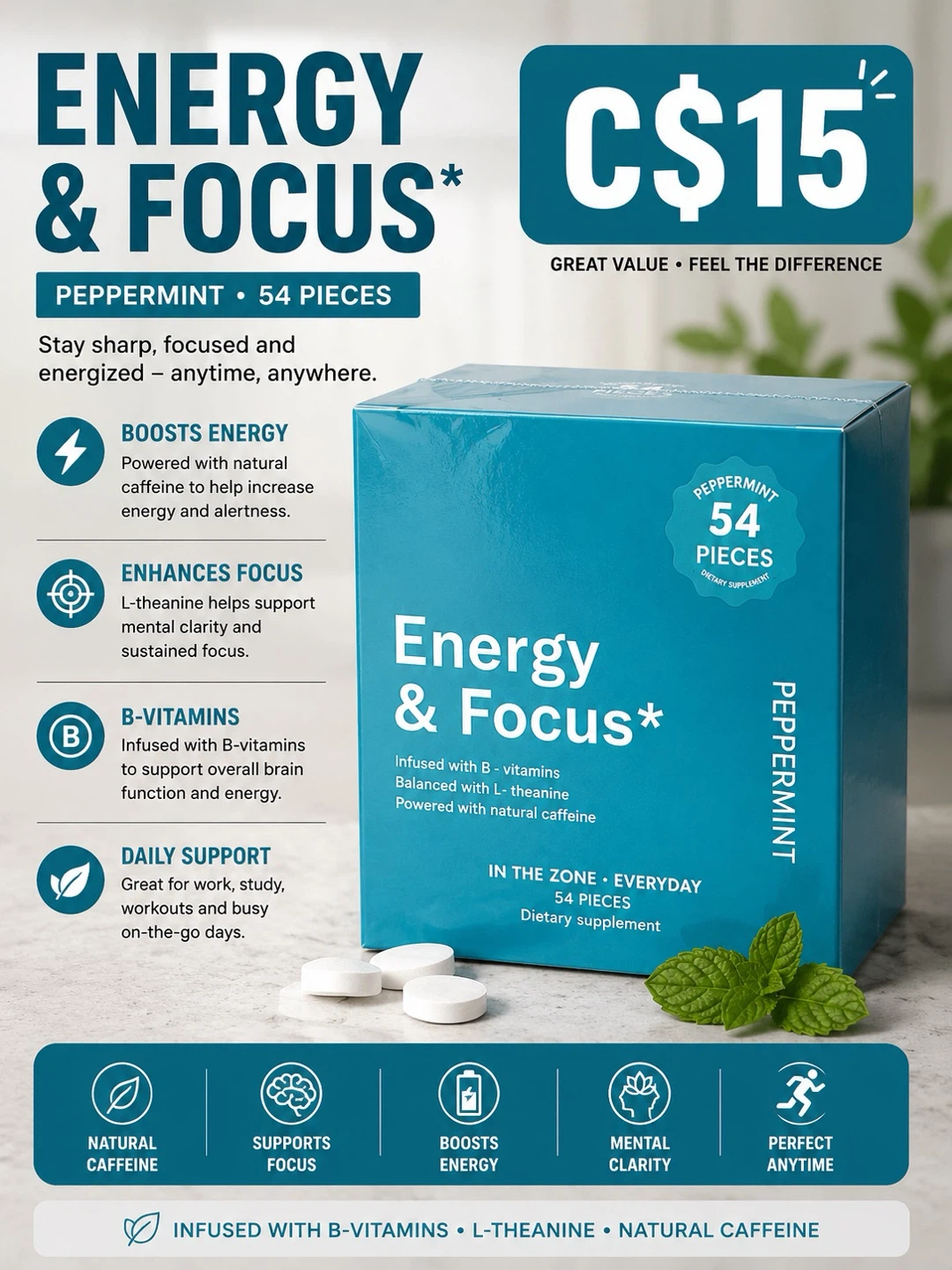 Energy & Focus Dietary Supplement - Peppermint, 54 Pieces