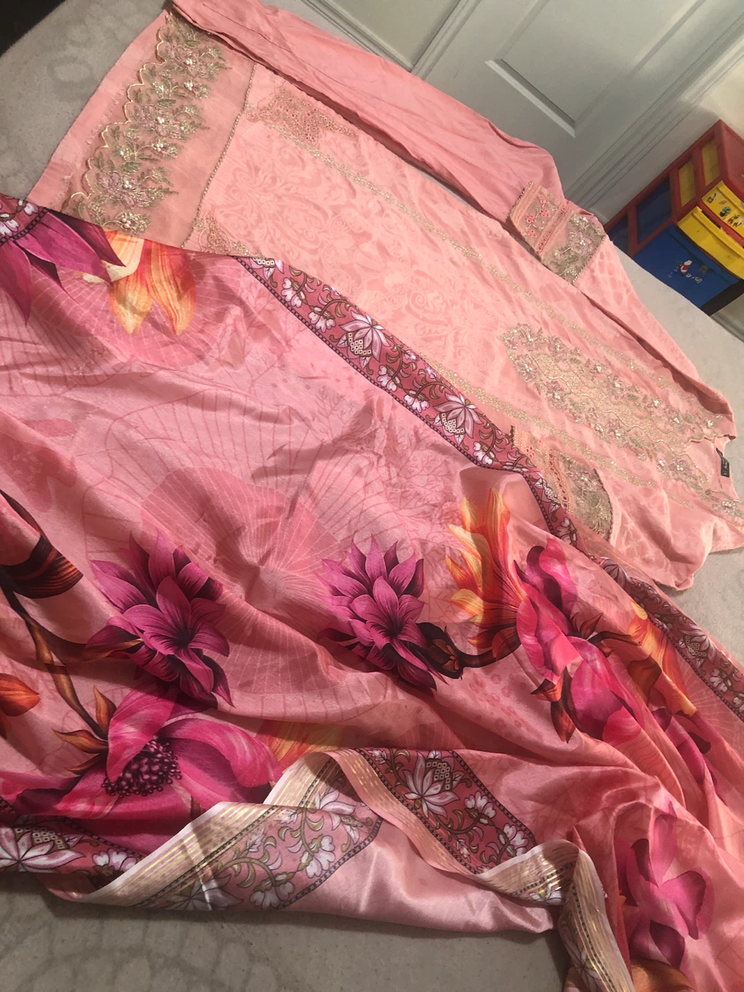 Pink Embroidered 3-Piece Suit with Printed Dupatta