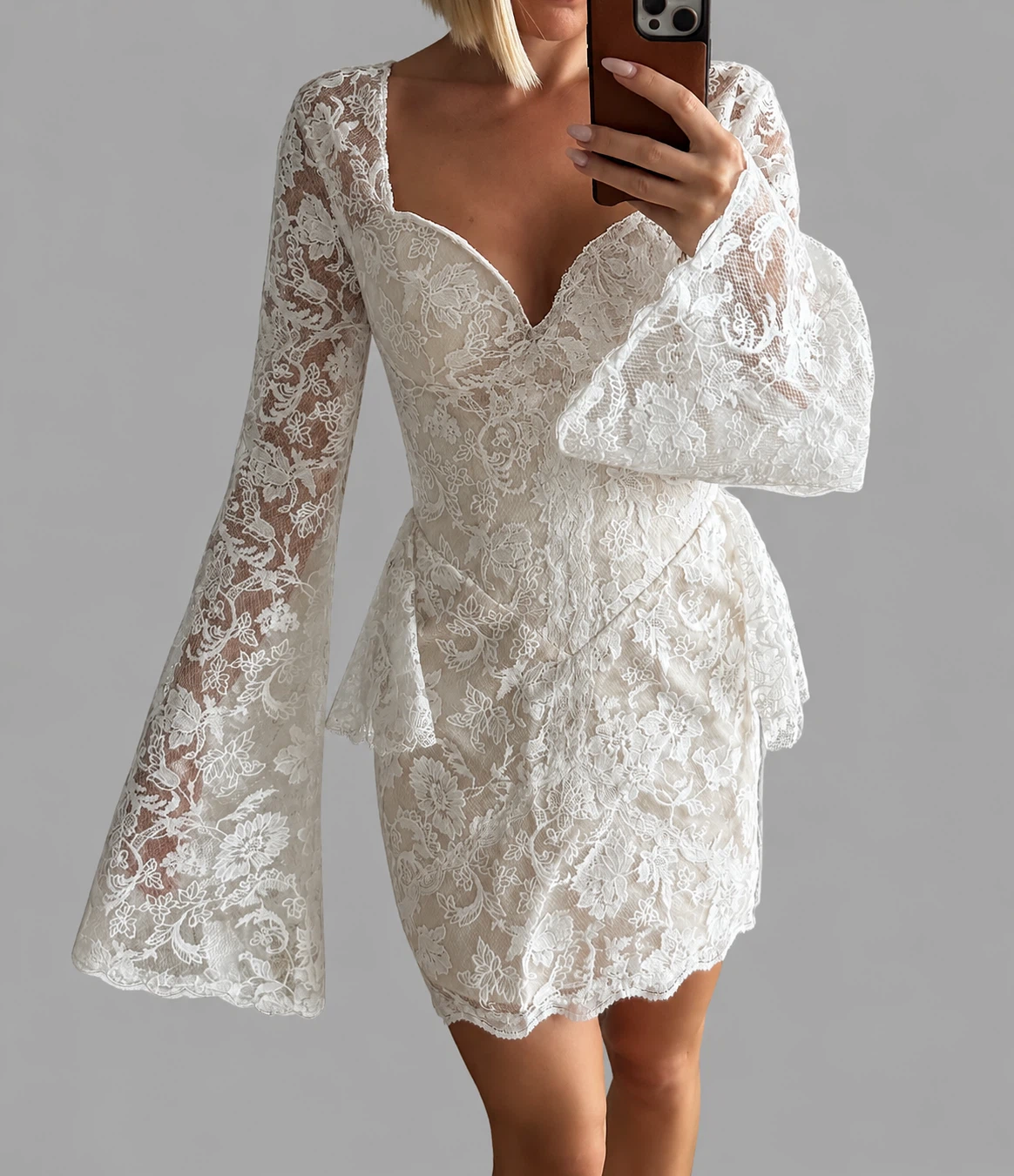 White Lace Mini Dress with Bell Sleeves